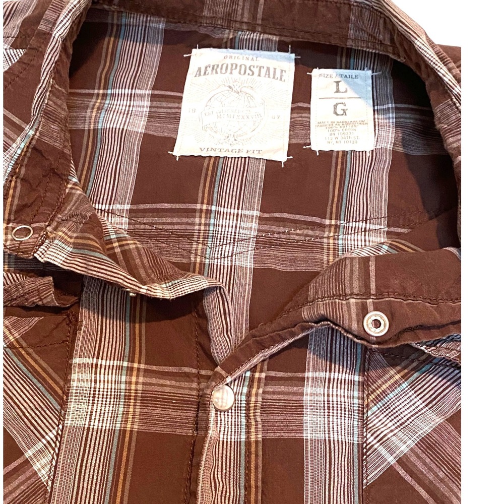 Aeropostale Mens Large Brown Plaid  Pearl Button Snaps Long Sleeve Western Shirt
